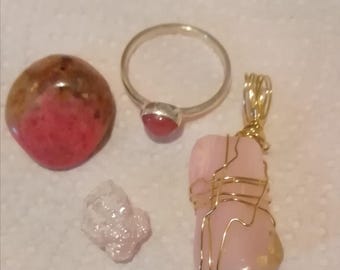 Pink Opal Amulet pendant,Ruby silver ring,Rare Elestial crystalline Rose Quartz, Rhodonite in Quartz,OOAK Set,Love,joy,passion Magick