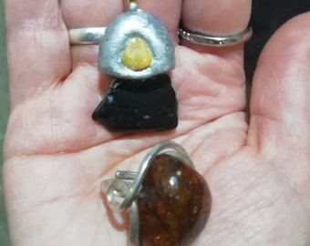 Whitby Jet and Baltic Amber Amulet pendant, Chunky Cognac Amber silver ring OOAK SET Protection,happiness,Luck, Witch gift