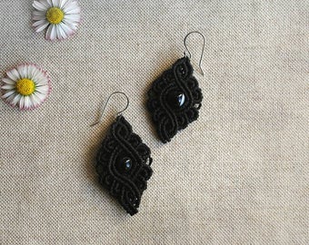 Vintage lace inspired black Earrings, delicate Tribal Jewelry featuring Agate Beads, Elegant Macramé dangle Earrings by Reef Knot co