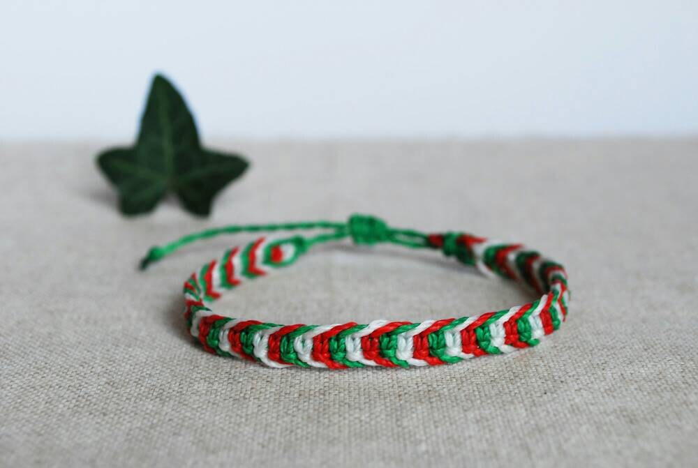 Macrame Friendship Bracelet in Green White and Red Minimal Modern Jewelry Everyday Bracelet for Guy or Girl by Reef Knot Co Etsy