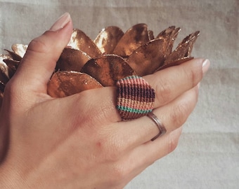 Colorful band ring by macrame, comfortable waterproof jewelry in natural warm colors, nickel free vegan ring by Reef Knot co