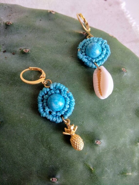Dangle Macrame Earrings Featuring Pineapple Charm Seashell, Choose