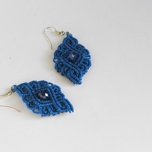 Blue Lace dangle Earrings, retro vintage inspired Fiber Jewelry featuring Glass Beads, Elegant Macramé Earrings by Reef Knot co
