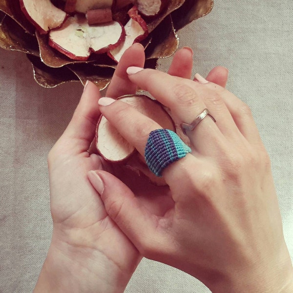 Blue macrame Ring in a custom size, beach lovers Fiber jewelry, large boho Turquoise ring, waterproof surf jewelry by Reef Knot co