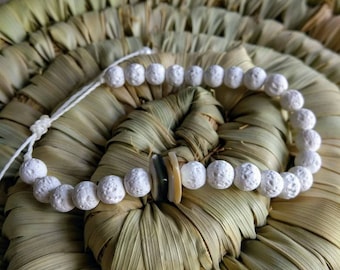 Natural white pearls bracelet, undyed lava beads and seashell chips jewel, unisex waterproof adjustable bracelet, boho bracelet by Reef Knot