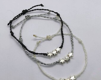Tiny Friendship Bracelet in feat silver stars, adjustable Corded Macramé Bracelet, Unisex festival Jewelry by Reef Knot co
