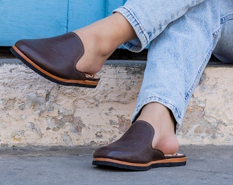 Bella Leather Mules - Handmade Brown Slide Sandals Open Heel Comfort