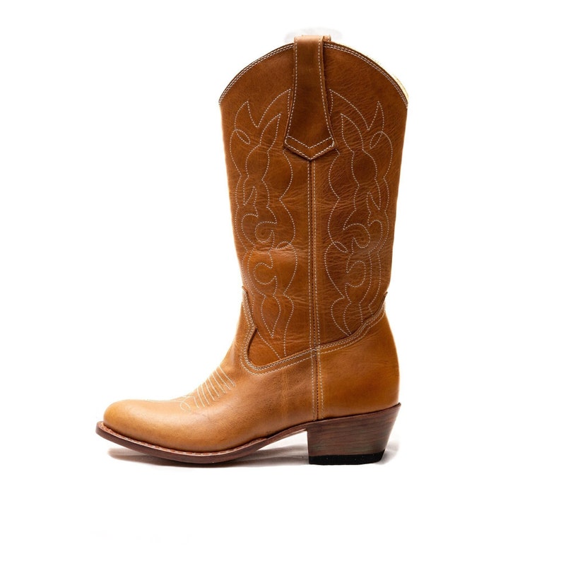 May include: A pair of brown leather cowboy boots with white stitching. The boots have a pointed toe and a low heel.