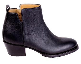 Handmade Leather Ankle Boots Women Black Slight Heel