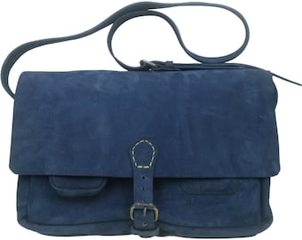 Handcrafted Blue Suede Leather Messenger Bag. Fits laptop up to 15 inches with several compartments