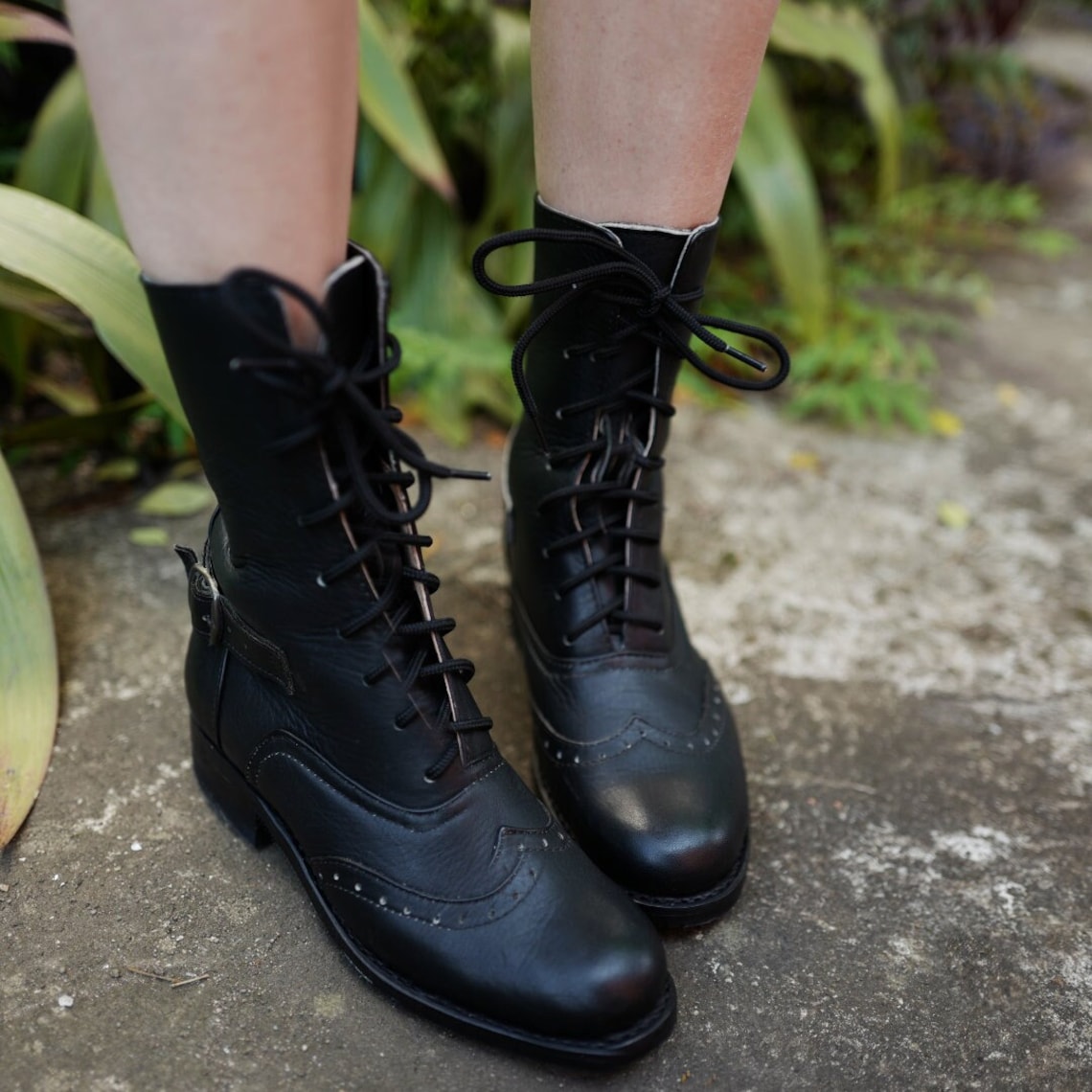 Black Victorian Lace up Boots With Brogue Pattern Etsy