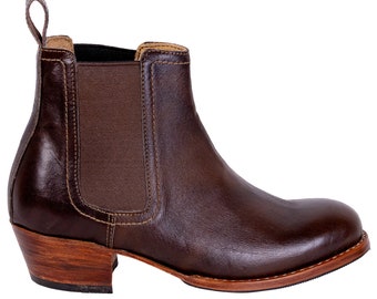 Women's Brown Leather Ankle Boots Chelsea Style Elastic Pull On Handmade
