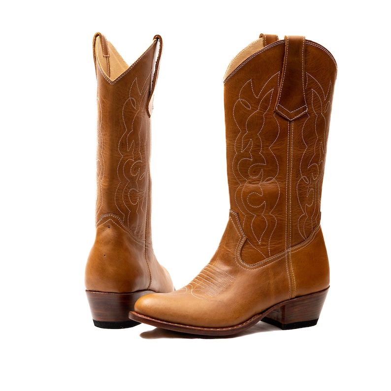May include: A pair of brown leather cowboy boots with white stitching. The boots have a pointed toe and a low heel.