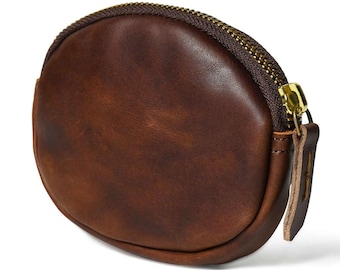 Handmade Leather Coin Purse with Zipper - Full Grain Small Zip Pouch