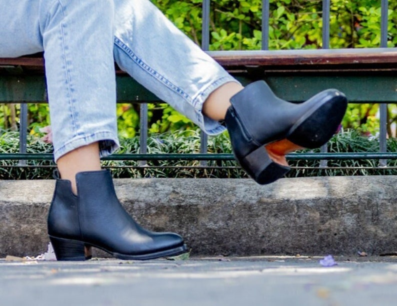 Handmade Leather Ankle Boots Women Black Slight Heel image 2