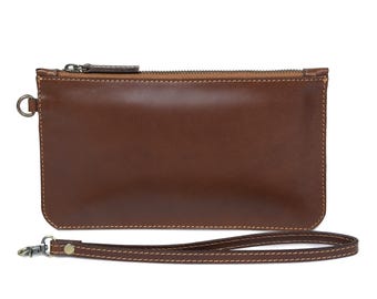 Women's Brown Leather Clutch Wallet Handmade Full Grain Wristlet Phone Pocket Card Slots