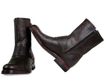 Women's Leather Biker Boots Handmade Brown Ankle Motorcycle Riding Boots Zipper Buckle