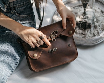 Handmade Full Grain Leather Crossbody Sling Bag for Women - Three-Flap Design Adjustable Strap