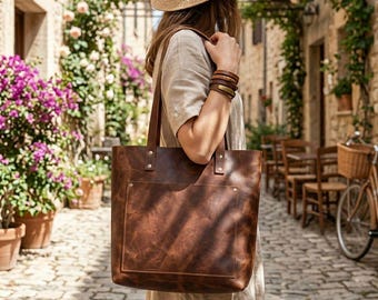 Dark Brown Full Grain Leather Tote Bag | Handmade Shoulder Carryall