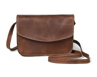 Women's Small Brown Leather Crossbody Purse Handmade Full Grain Adjustable Strap