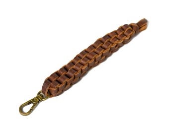 Handmade Braided Leather Keychain Strap - Brown Vegetable Tanned Key Fob Durable Clip
