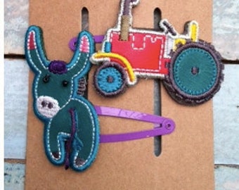 Girls Hair Clips Farm Donkey and Tractor SATI