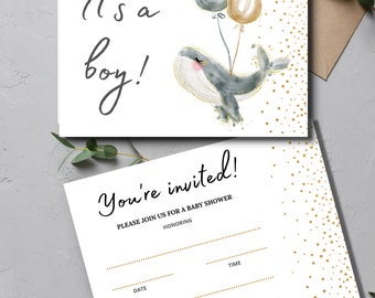 Its a boy whale holding balloons  blank baby shower invitation, fill in yourself invitation, birth announcement, gender reveal