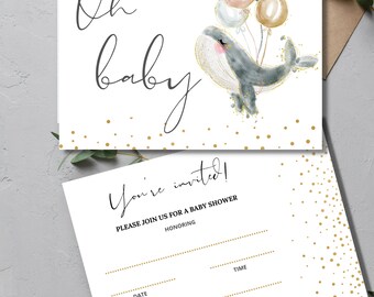 Oh Baby Whale with bunch of balloons blank baby shower invitation, fill in yourself invitation, birth announcement, gender reveal,