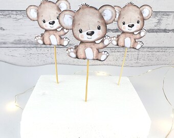 Teddy bear waving baby shower birthday cupcake toppers, birth announcement, gender reveal, first birthday party, cake topper
