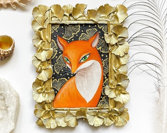 Fox and ginkgo leaves acrylic original, framed picture, golden frame