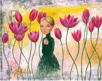 Art Print Print of Original Acrylic Picture A4 Art Poster Painting Rita Wolff, Tulips Woman in the Field of Flowers