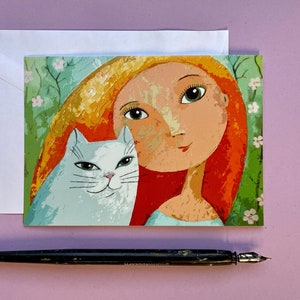 Postkarte Girl With Cat von Rita Wolff A6