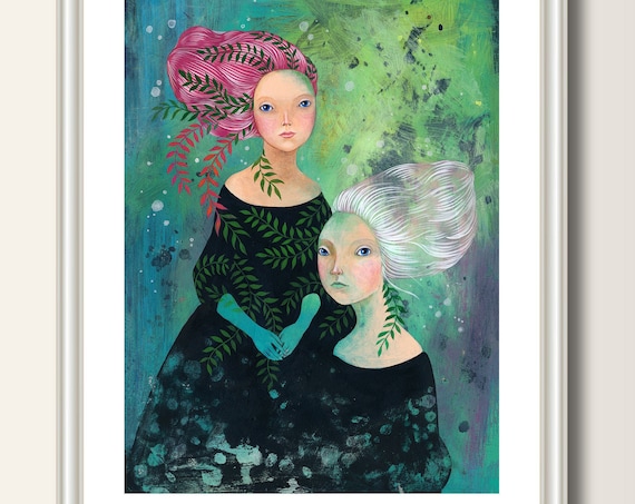 Two women,Art Print, Illustration, Art,  print from original acrylic painting, A4 (297 x 210mm), (11.7 x 8.3 in)