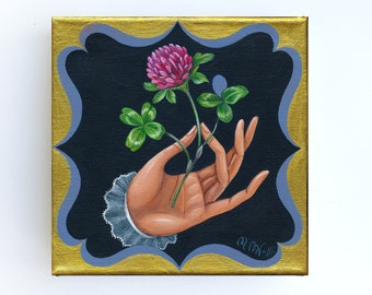 Clover Original Painting on Canvas Lucky Clover Hand Lucky Charm Art Naive Painting Folk Art 20 x 20 cm