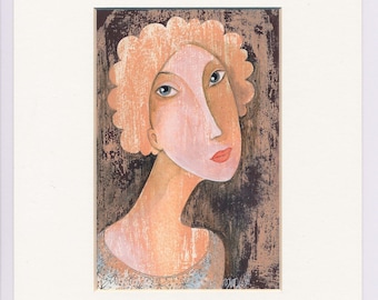 Portrait, watercolor, acrylic, mixed media original on handmade paper, mural small, beige, plain, simple, hand-painted unique