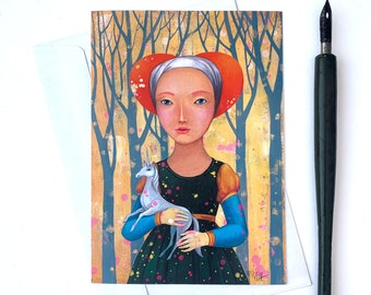 Postcard girl with unicorn greeting card A6 art card