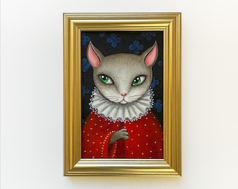 Cat acrylic original, framed picture, golden frame