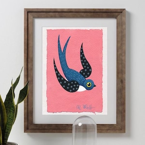 Dipinto originale Uccello Dipinto minimalista su carta per acquerello Rondine Arte murale per bambini