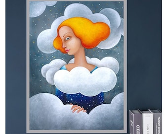 Portrait Woman Clouds Original Acrylic Painting by Rita Wolff Original on Paper
