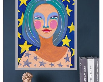 Portrait Blue Original Acrylic Painting, Hand Painted Painting Girl Stars