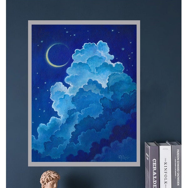 Originalgemälde Mond und Wolken, himmlische Kunst, 30x 40cm