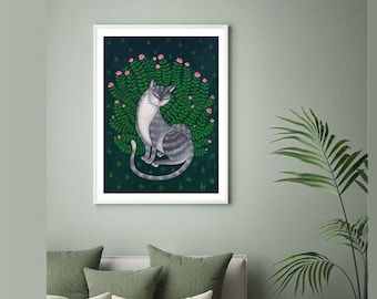 Cat in Roses, Print Art Print, Wall Art, Illustration, Cat Art, Home Decor, Cat Artwork, Art Prints