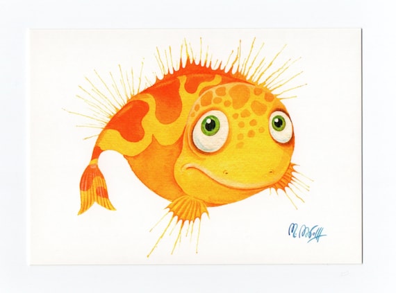 Postcard fish, goldfish, watercolor postcard