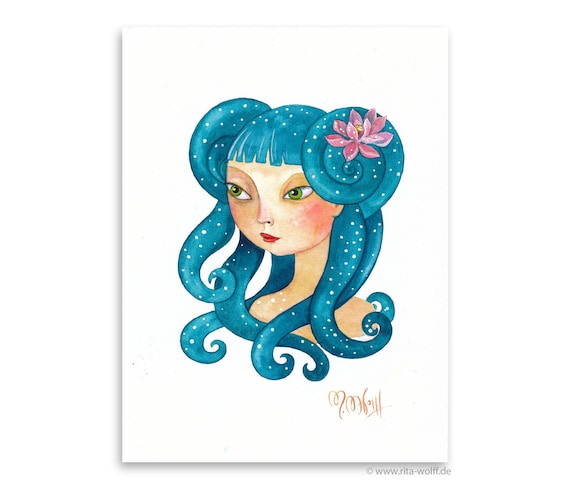 Watercolor mermaid original on watercolor paper, original painting mermaid girl portrait