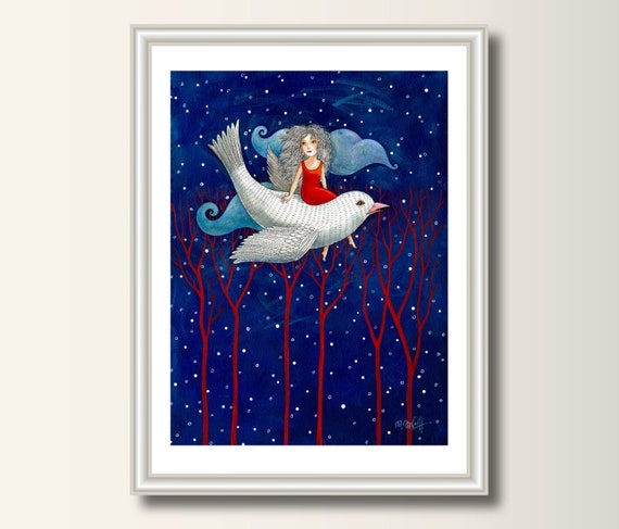 Girl on the bird, picture, art print, print of original acrylic painting , A4 (297 x 210mm), (11.7 x 8.3 in)