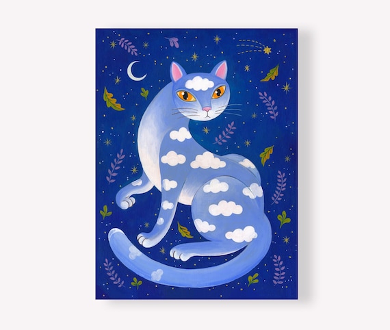 Blue cat, picture, art print, print of original acrylic painting , A4