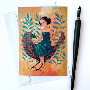 Carte postale oiseau et femme. Carte de vœux A6