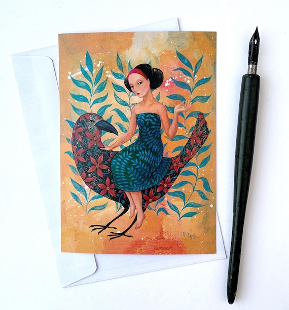 Postcard Bird and Woman. A6 art card greeting card Artist: Rita Wolff