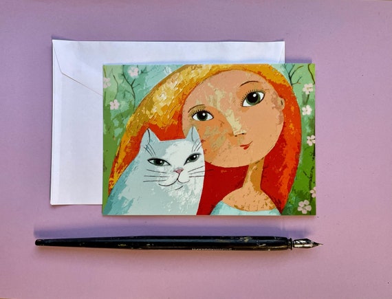 Postcard Girl with Cat Animal Lovers  Artist: Rita Wolff