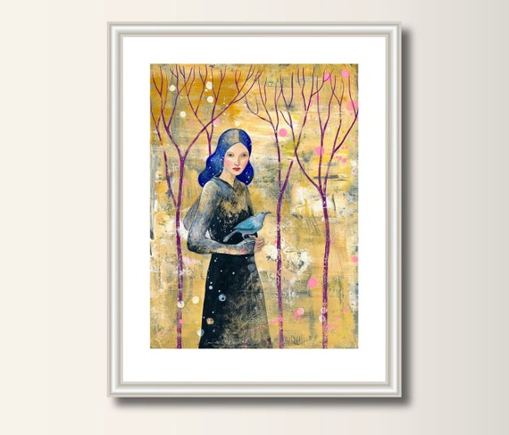 Woman with White Raven A4  A3 Fine Art Print
